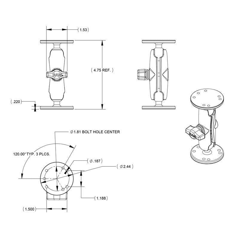 RAM® Universal Double Ball Mount with Two Round Plates - B Size Medium