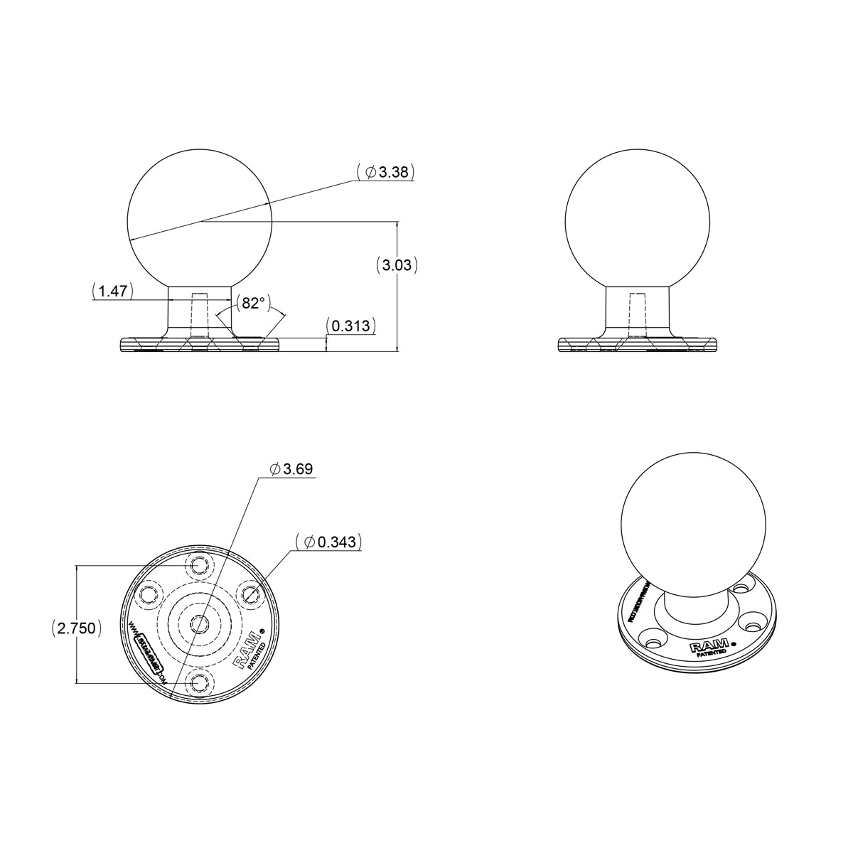 RAM® Large Round Plate with Ball - E Size